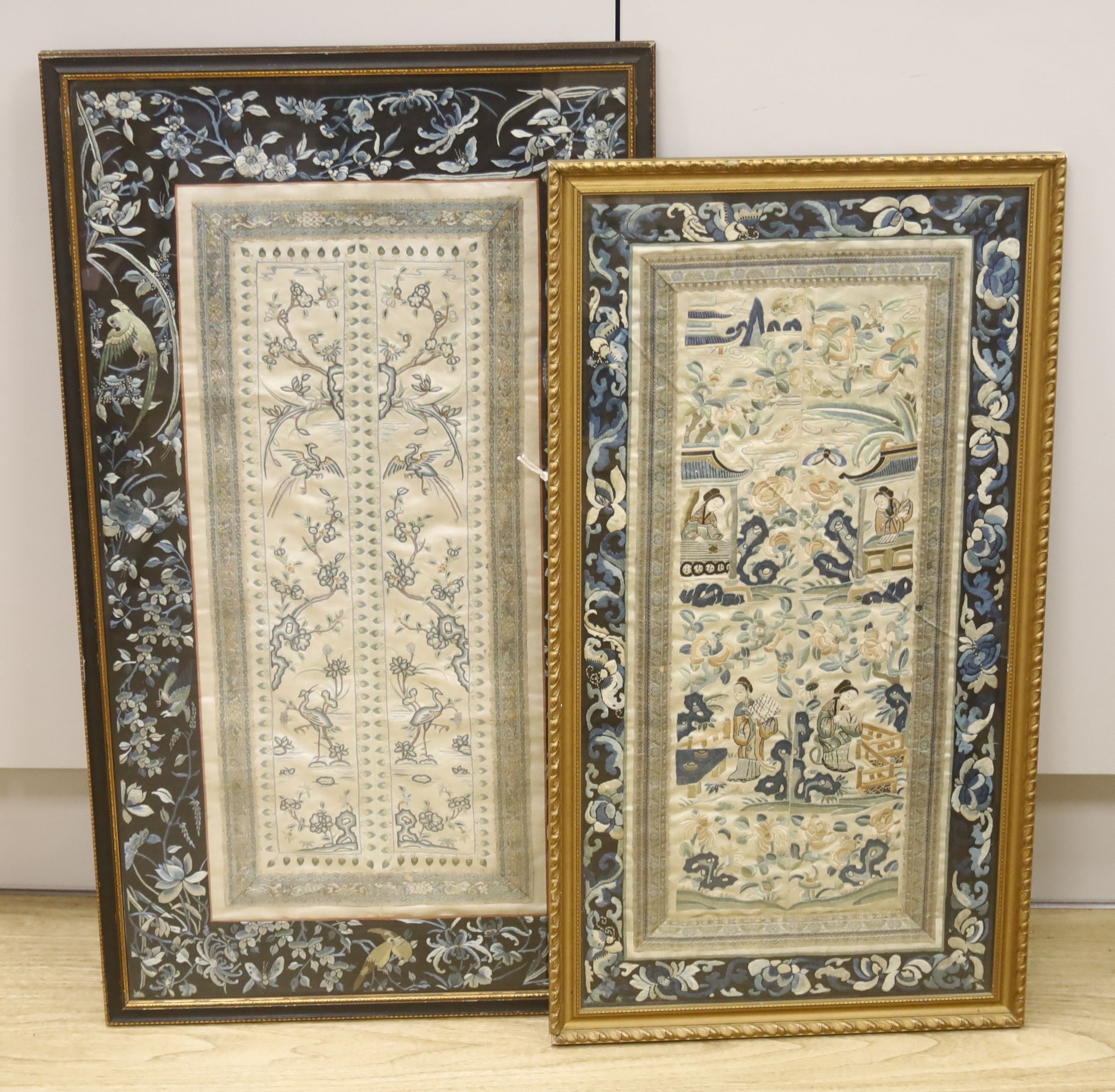 Two framed Chinese late Qing embroidered silk panels 71 x 39cm & 62 x 32cm